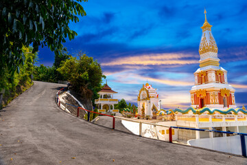 Buddah temple with beautiful views from top of mountain of Patong Phuket Thailand. Buddha religious building with lovely colours in the sky