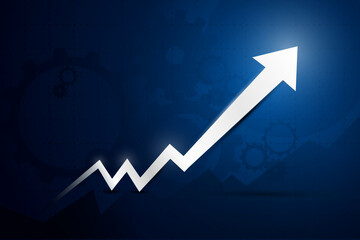 arrows and candlestick chart business of stock market trading on blue background bullish point up trend chart Economic vector design. blue background