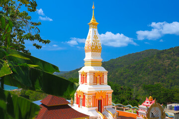 Buddah temple with beautiful views from top of mountain of Patong Phuket Thailand. Buddha religious...