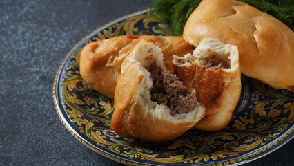 Ukrainian Patties (Pasties, Hot Cakes, Pirozhki, Pies) on a plate. Traditional homemade backed pies  with meat