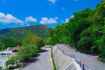 Buddah temple with beautiful views from top of mountain of Patong Phuket Thailand. Buddha religious...