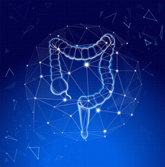 Colon x-ray image with blue tone background and modern technology pattern for medical and scientific use.