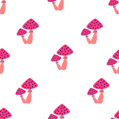 Cartoon mushrooms seamless pattern. Funny toadstools on a white background. Kids cute print with mushrooms. Simple vector illustration in a flat style.