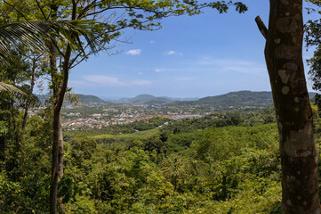 Buddah temple with beautiful views from top of mountain of Patong Phuket Thailand. Buddha religious...