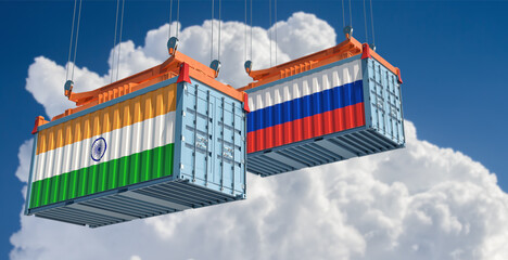 Cargo containers with Russia and India national flags. 3D Rendering 