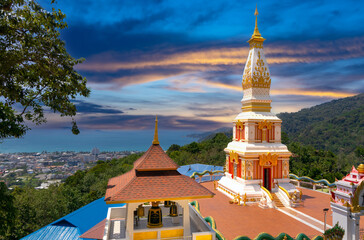 Buddah temple with beautiful views from top of mountain of Patong Phuket Thailand. Buddha religious...