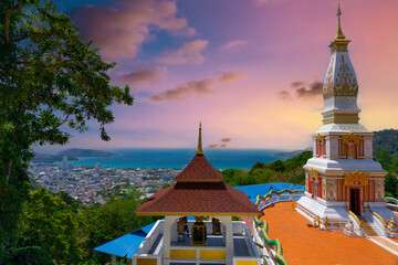 Buddah temple with beautiful views from top of mountain of Patong Phuket Thailand. Buddha religious...