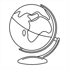 Sketch of a school globe on a stand. Element for the education and study of geography. Hand drawn and isolated on white. Black and white vector illustration.