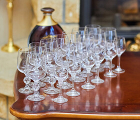 Crystal glasses for holiday, a lot of glasses for guests