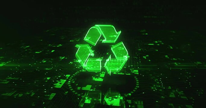 Recycling icon, ecology, waste data management and sustainable industry hologram symbol appears on a digital background. Network, cyber technology and computer abstract concept 3d animation.
