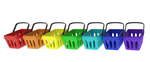 Set of 3d colorful plastic shopping cart isolated on white background.