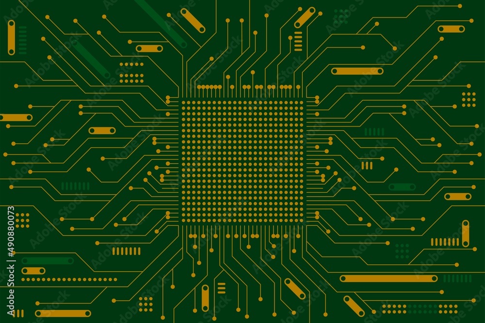 Poster circuit board background. horizontal format. flat golden microelectronics circuits background. dark 