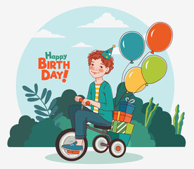 Cute boy rides on bicycle in the park. Happy Birthday vector illustration
