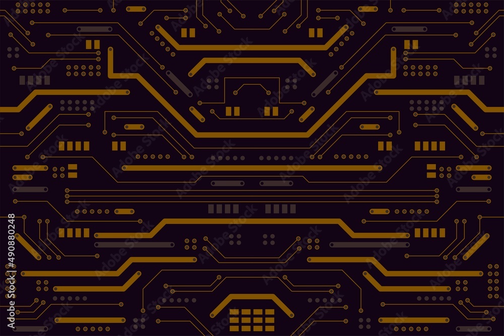 Poster flat golden microelectronics circuits background. black gold circuit board background. horizontal fo