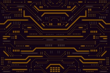 Flat Golden Microelectronics Circuits background. Black Gold Circuit board background. Horizontal format. 