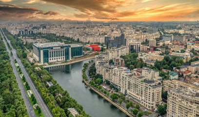 Diambovita River in Bucharest Ciy center Capital of Romania seen from above - obrazy, fototapety, plakaty