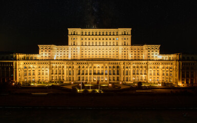 Palace of Parliament in Bucharest City Centter, Capital of Romania seen by drone