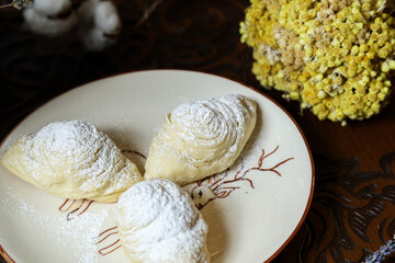 Traditional Turkish holiday Novruz spring holiday green semeni, traditional azerbaijan sweets, shekerbura, qogal, paxlava, mutaki and different nuts and sweets, top view, sweet stuff and Turkish sweet