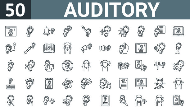 set of 50 outline web auditory icons such as ear, hearing aid, ear, auditory, auditory, ear, vector thin icons for report, presentation, diagram, web design, mobile app.