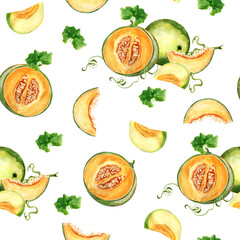 Harvest ripe melons watercolor seamless pattern. Template for decorating designs and illustrations.