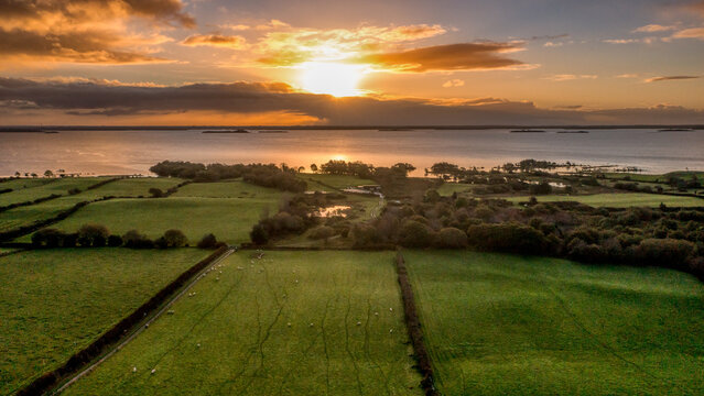 Morning aerial view at sunrise in Toormakeady Lough Mask County Mayo Ireland 