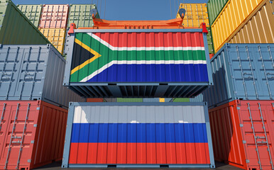 Cargo containers with Russia and South Africa national flags. 3D Rendering 