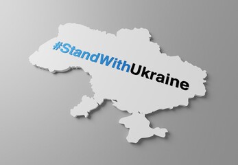 Stand with Ukraine hasttag on white Ukraine 3D map - obrazy, fototapety, plakaty