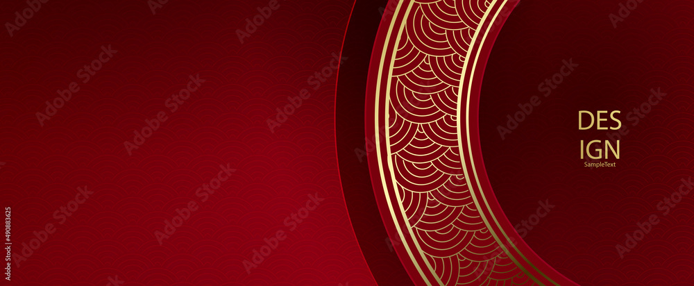 Wall mural red texture illustration with round frame element with golden color pattern