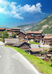 Wooden houses in the Swiss Alps