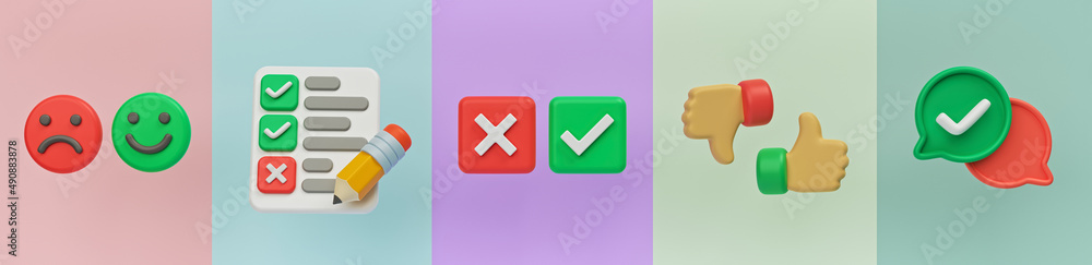 Poster simple set of survey related 3d icons. minimal collection. 3d rendering