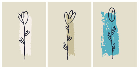 Decor printable art. Set of hand drawn flowers vector illustrations on abstract backgrounds for home interior design. Contemporary art for prints, posters, cards, textile