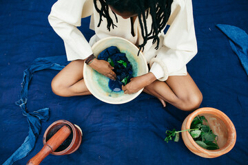 Portrait of a female indigo eco textile dyer
