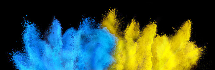 colorful ukrainan flag yellow blue color holi paint powder explosion isolated black background....