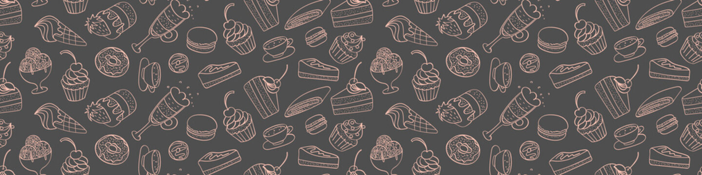 Seamless pattern with sweet dessert doodles. Hand drawn cakes on dark background. Vector illustration.
