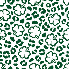 St. Patrick's Day background, Shamrock and leopard print seamless pattern. Lucky clover repeating pattern. Vector illustration