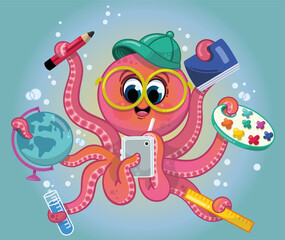 Talented octopus student ready for school. Vector illustration. © armation