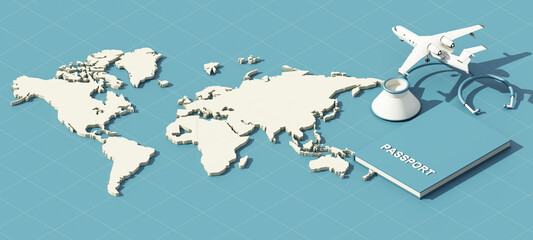 Passport book, placed on a blue world map with a stethoscope and a white plane. on blue background 3d rendering isometric