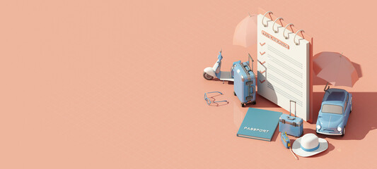 travel insurance form, travel and protection concept umbrella surrounded by luggage, camera, sunglasses, hat with scooter and car passport on blue and pink tones 3d render isometric