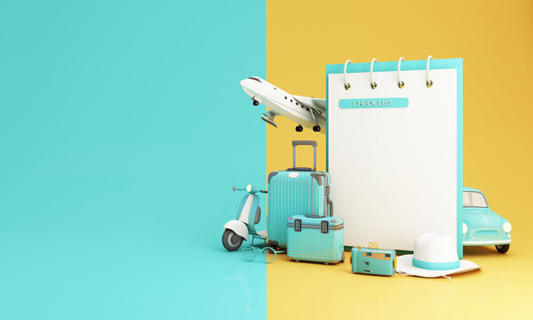 Travel and adventure and departure concept In summer,check list form surrounded by luggage, camera, sunglasses, hat with scooter car and airplane. green and yellow tones 3d render illustration