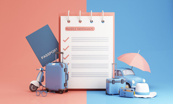 travel insurance form, travel and protection concept umbrella surrounded by luggage, camera, sunglasses, hat with scooter and car passport on blue and pink tones 3d render illustration