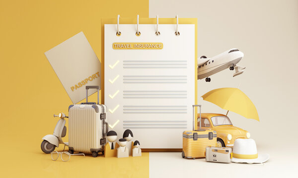 travel insurance form, travel and protection concept umbrella surrounded by luggage, camera, sunglasses, hat with scooter and car plane passport on yellow backgound 3d render illustration