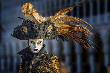 Beautiful shot of a female wearing black dresses for The Carnival of Venice