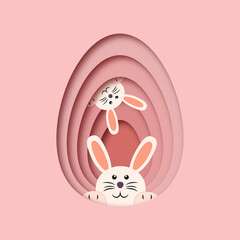 easter card in the shape of an egg with bunnies cut paper in pink 