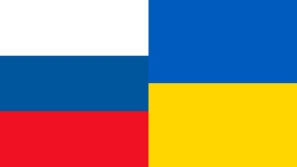 Russia and Ukraine flag side by side / facing each other. Russia and Ukraine flag background.