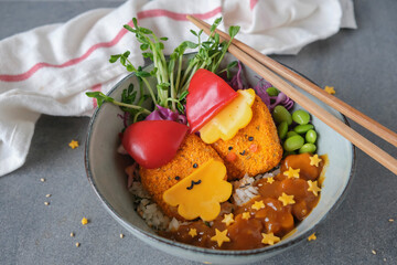 Homemade Japanese cuisine meal. Vegan Katsu Curry, Animated Panko with Breadcrumbs in Steamed Rice. Great for light meals.