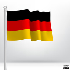 Waving Germany flag on a metallic pole isolate on white background. National flag of Germany is flying. Vector illustration sign. Vector illustration sign. Reichsbanner Schwarz-Rot-Gold