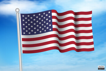 Waving USA flag on a metallic pole isolate on blue sky background. The American flag,
The Stars and Stripes Red, White, and Blue. Old Glory. American flag sign. Vector illustration sign.