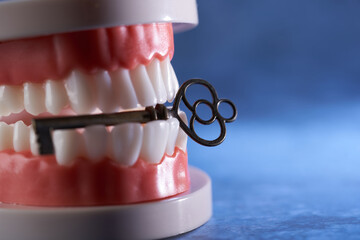 denture biting vintage key against blue background