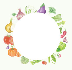 Composition with drawn vegetables with a white circle in the center to write content