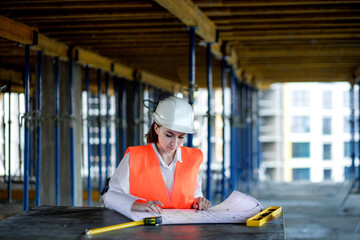Architect or engineer working, browsing building project indoor of construction site with blueprint...